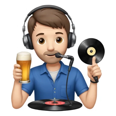 a middle aged white male radio presenter, with short brown hair and slightly unshaven, wearing headphones, speaking into a microphone, with a beer in his right hand and vinyl record in his left hand sticker