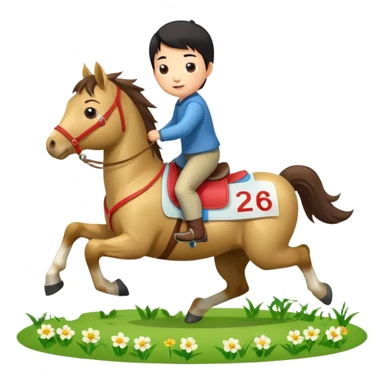 l little chinese boy riding on a  cute horse running on the grass with 2026 year label sticker