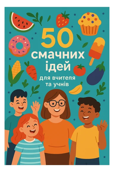 Cover of a guidebook with Ukrainian text: '50 смачних ідей для вчителя та учнів'. Modern style, bright colors, illustrations of food including fruits, vegetables, desserts, smiling teacher and students, festive atmosphere, clean design. sticker