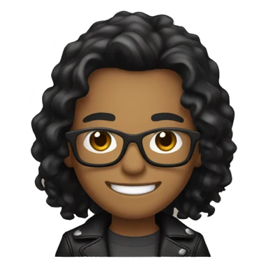 programmer, with light brown skin, square glasses, black wavy hair, wearing a black leather jacket and smiling (show teeth.) sticker