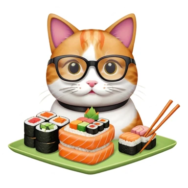cat with cool square shaped glasses eating a birthday cake made out of sushi sticker