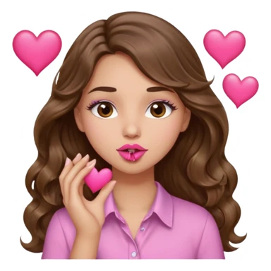 girl with long wavy brown hair, brown eyes, light to medium complexion, in a pink shirt, pink lips, long lashes, puckering up for a kiss, kiss lips and hearts in hand sticker