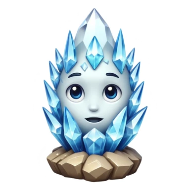A single cute crystal rock character inspired by a clear quartz cluster, chunky round base with many tall transparent crystal spikes growing upward all around it with a face sticker