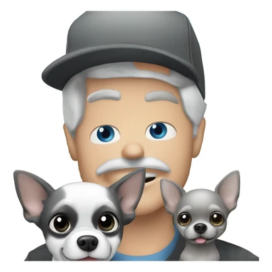 Handsome blue eyed man, with grey hair,  and grey goatee beard, wearing ball cap, holding ‘a black long hair chihuahua’ sticker