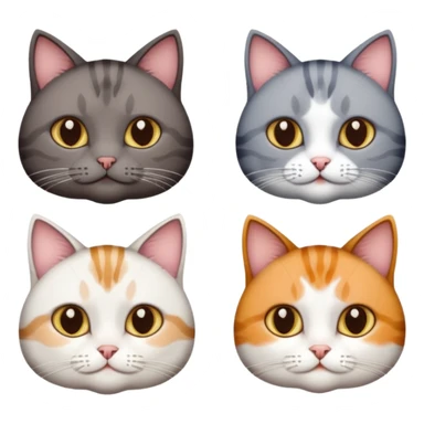 4 different coloured short haired cats including; a dark brown tabby and white cat, and a dark grey and white  sticker