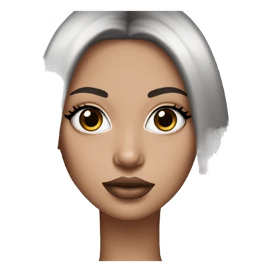 White girl with black long straight hair, pink front highlights, thick septum ring, long lashes, nostril hoop, and big lips sticker