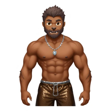 Werewolf with brown fur, dark brown sequin baggy pants, shirtless with necklace sticker