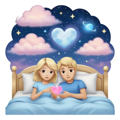 Sweet dreams a blonde man in a very  comfy bed with blue and Pastel clouds and an delicate  galaxy with a girl sending a heart elegant  sticker