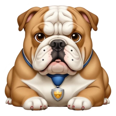 english bulldog with a security badge sticker