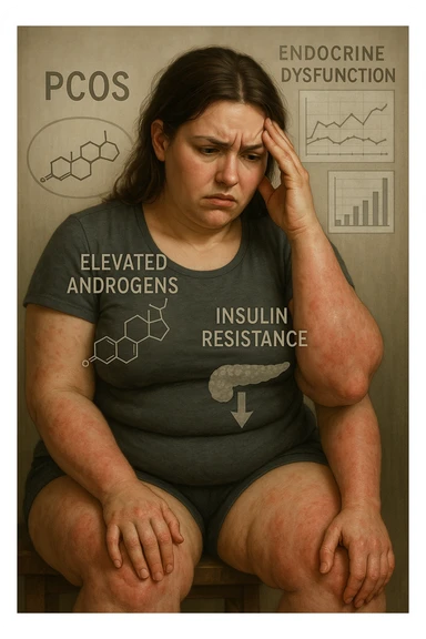 cinematic realistic in italiano Woman with PCOS struggling with hormonal chaos, transparent overlay showing elevated androgens and insulin resistance affecting her body, lipedema causing disproportionate fat accumulation in legs and arms despite normal torso, expression of frustration with unexplained weight gain, medical charts showing complex endocrine dysfunction, painful swollen limbs contrasting with metabolic confusion scrivi in italiano sticker