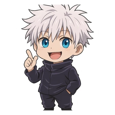 Satoru Gojo, chibi version, blue eyes, white hair, playful expression, anime style sticker