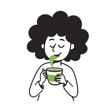 curly haired girl drinking matcha, hand drawn doodle style sticker