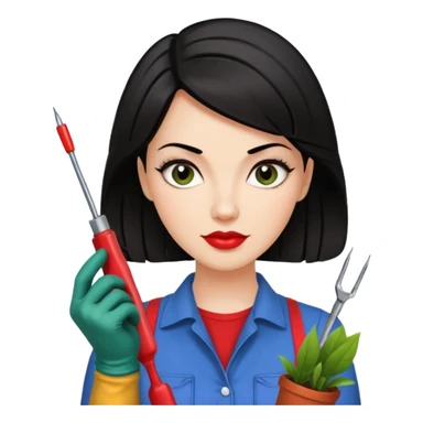 I like it! Can you make her dark haired? Rockabilly vibes are good. I like the third one and last most. Could you leave the screwdrivers? She's more like the organised one. Perhaps give her washing gloves or something. Or gardening gloves. sticker