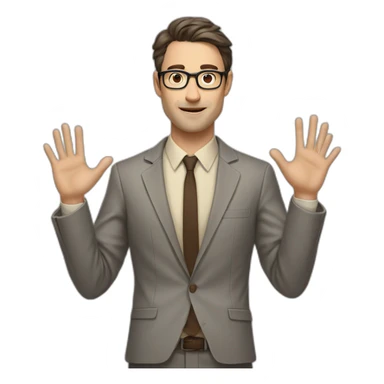 Full height Actively gesturing with hands Pale skinned fit man with dark brown hair in gray jacket, beige office shirt, brown tie, brown pants and vintage glasses. sticker