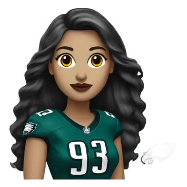 White female long dark hair red lips wearing Philadelphia Eagles jersey sticker