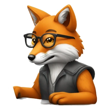 Fox is sitting at a table with a laptop, wearing glasses sticker