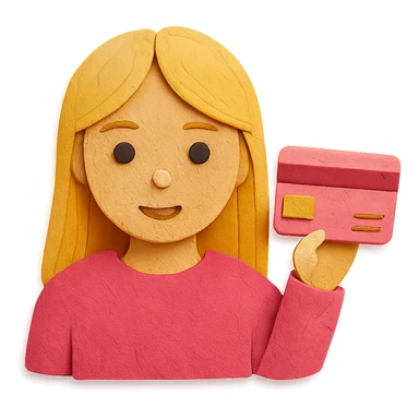 blonde girl with long hair, pink fur, holding a pink credit card, paper craft style sticker