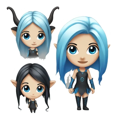 chibi, long black and blue hair, big eyes, pierced elf ears, black horns with blue tips, vivid, emoji sticker