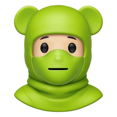 bearbrick toy wearing a lime green balaclava with relaxed but well-defined arched eyebrows visible above the mask sticker