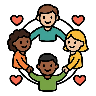 a group of diverse, happy people holding hands in a circle, with hearts and warm colors, friendly modern icon style, community of kindness sticker