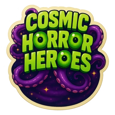 Render the design in retro stickers style with the 'O' in 'COSMIC' as a green eyeball matching the other eyeball letters. Include a spacey background and format the entire design to standard playing card dimensions (2.5 x 3.5 inches, vertical). Maintain the cosmic horror theme with green text and tentacles. sticker