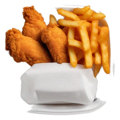 3 chicken tenders with crinkle fries and orange sauce on the side in a styrofoam container styrofoam container sticker