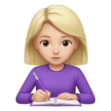 girl sitting, writing in a notebook, blond hair, dressed in purple clothes sticker