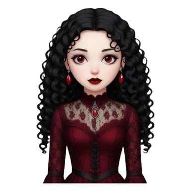 A girl with a dark red goth vampire look in a goth lace dress with long sleeves longer black curly hair sticker