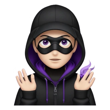 no visible face cartoon blacked character related to a shadow, with all black clothes, focusing a hoodie with his cap on, and a black facemask, just his purple shadow eyes making a light bloom sticker