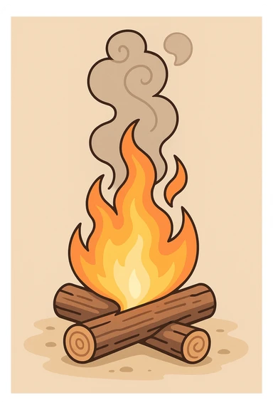 campfire with two logs, no person, flames and smoke gently mesmerizing swirling upward, clean and simple design sticker