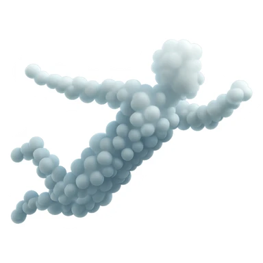 a person flying in the air, entirely made of very small white fluffy clouds, matte glass style, no background, no shadows, no extra details sticker