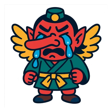 vibrant toon style tengu with big tears, cartoonish sticker