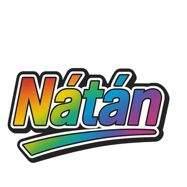 The name 'Nátán' in modern style with precise Hungarian letters, rainbow gradient fill, extra thick white letter outline, dark contour, transparent background, dynamic and slanted underline, in the style of the reference images. sticker