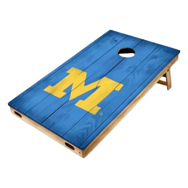 Cornhole board blue and yellow with Michigan “M” sticker
