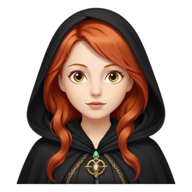 a beautiful woman with long red hair reaching her waist, hazel eyes, and wearing a black cloak sticker