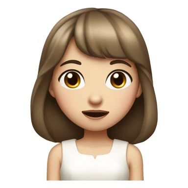 Girl with fair skin and long brown hair with bangs, pink eyes, wearing a pretty white dress, biting her lip. sticker