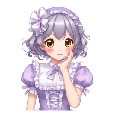 Gorgeous anime style girl blushing face maid outfit Lolita idol model colorful shiny sparkle kawaii pastelcore cottagecore pearly petite simplistic aesthetic trending style sticker