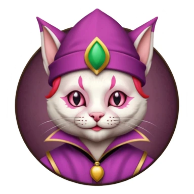 court jester cat medieval, single poker card joker clearly visible, pink, face only, round badge,  court jester cap sticker