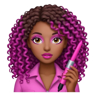 simple and expressive emoji of a woman with dark brown skin, long curly hair, brown eyes, pink makeup sticker