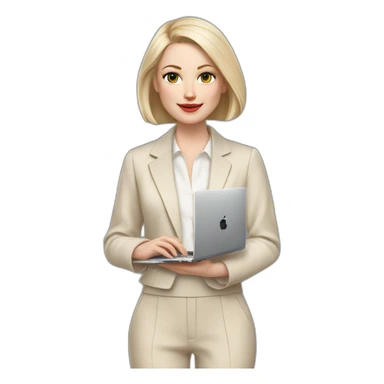 pale skin woman with ash blonde Straightened bob Hair, White Spacious classical jacket, beige palazzo Arrow pants and gray blouse holding a MacBook in the hands sticker