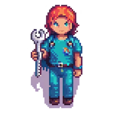 Rounded rectangle badge with pixel art person holding car wrench key, technical colorful IT design sticker