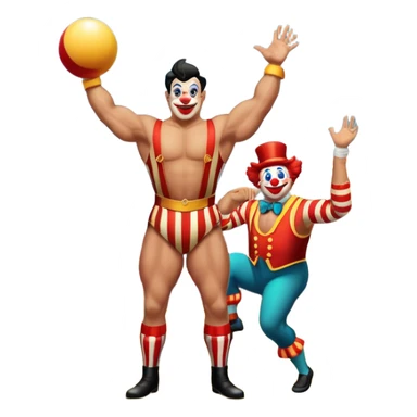 Icon for Circus Arts: a grand vibrant round circus arena with a strongman in a striped costume,  juggler and a clown performing. The icon should convey the excitement and fun of circus performances, with focus on the performers and the colorful setting. Transparent background. sticker