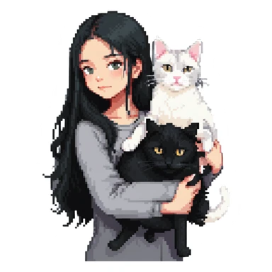 Beautiful girl with long black hair hugs a gray and blond mixed breed cat sticker