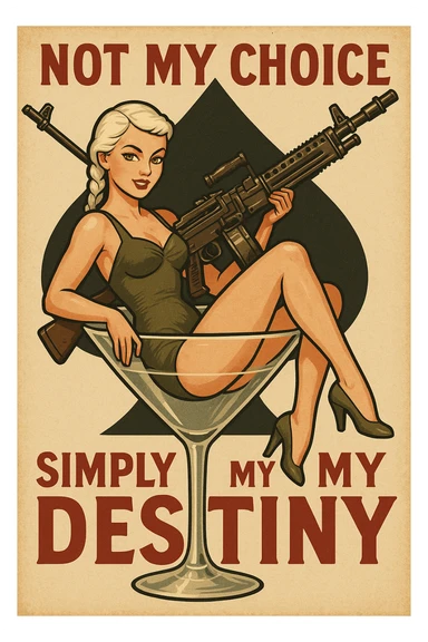 a retro military pinup " not my choice, simply my destiny "
; female figure young,gorgeous, white hair 1 braid, gold yellow eyes, sitting in a martini glass with a massive LMG in a swimsuit in front of a large 'spade' that frames the design sticker