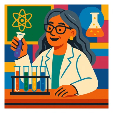 woman science teacher with long graying hair, at a lab table with test tubes, in vibrant toon style sticker
