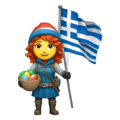female winter mountaineer red hair holding greek flag and easter egg sticker