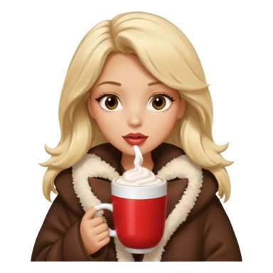 Tanned Girl with lashes , blonde hair, in an extremely big fluffy oversized coat and hold hot chocolate drink and vertically short eyes , big lip sticker