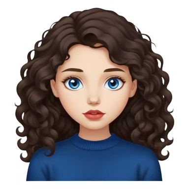 girl with long, lush, slightly curly dark brown hair, big lips and blue eyes, black sweater sticker