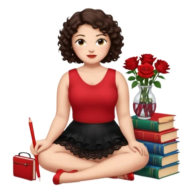 A plus-size brunette woman with short, dark brown curly hair is wearing a red sleeveless shirt and a black lace ruffled skirt. She is sitting on the floor with her legs crossed, holding a crayon in one hand. On the floor are five stacked colorful books and a glass vase with red roses. sticker