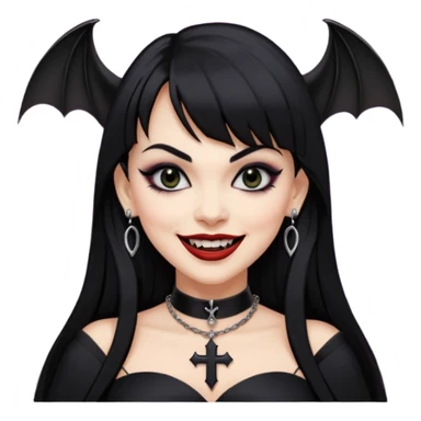 vampira com cabelo preto longo e liso e franja, olhos pretos, brincos em formato de cruz, choker em formato de morcego, roupa preta com decote, batom preto e sorrindo mostrando as presas sticker